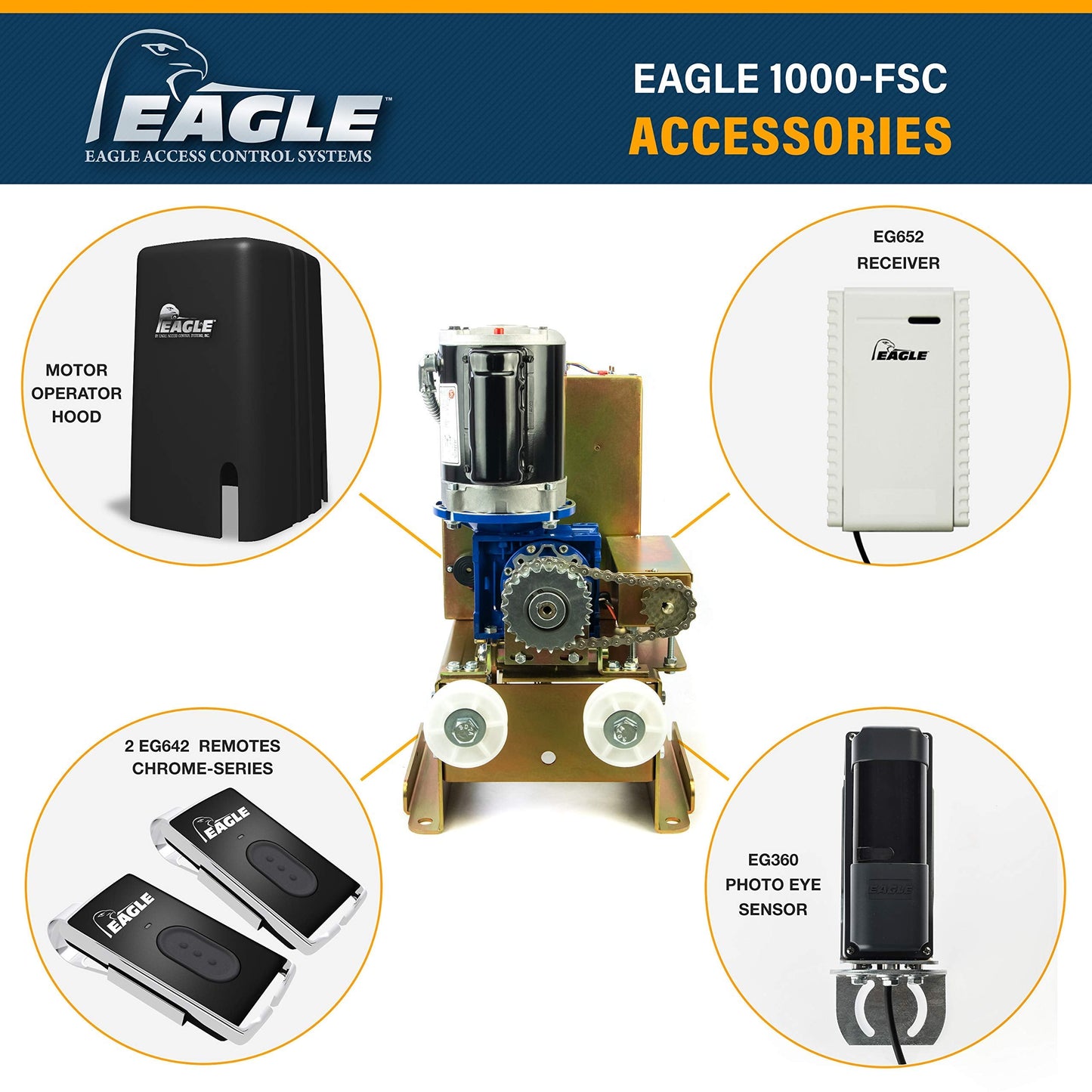 Home Slide Gate Opener Eagle 1000 FSC 1/2 HP Sliding Gate Motor Operator System Residential and Light Commercial for 27’ feet 600lbs Rolling Gates with Wireless Remotes