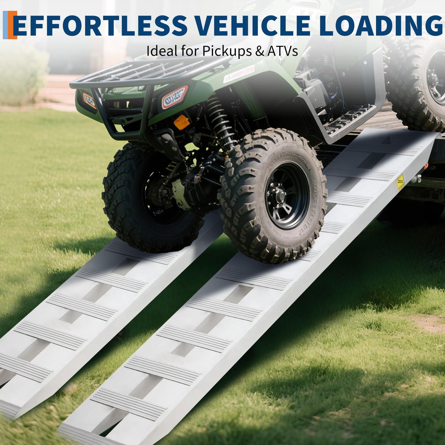 Heavy Duty Aluminum Loading Ramps 6000Lbs Capacity, Non-Slip Rungs, Top Hook & Adjustable Safety, Universal Trailer Ramps for Trucks, Tractors, ATV/UTV, Motorcycles (2Pcs)