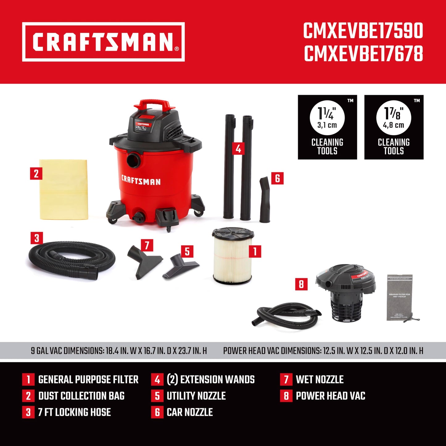 CRAFTSMAN CMXEVBE17590 9 Gallon 4.25 Peak HP Wet Dry Vacuum with Filter, Dust Bag, Hose, Attachments and CRAFTSMAN CMXEVBE17678 1.75 Peak HP Wet Dry Vac Powerhead with Filter Bag and Hose