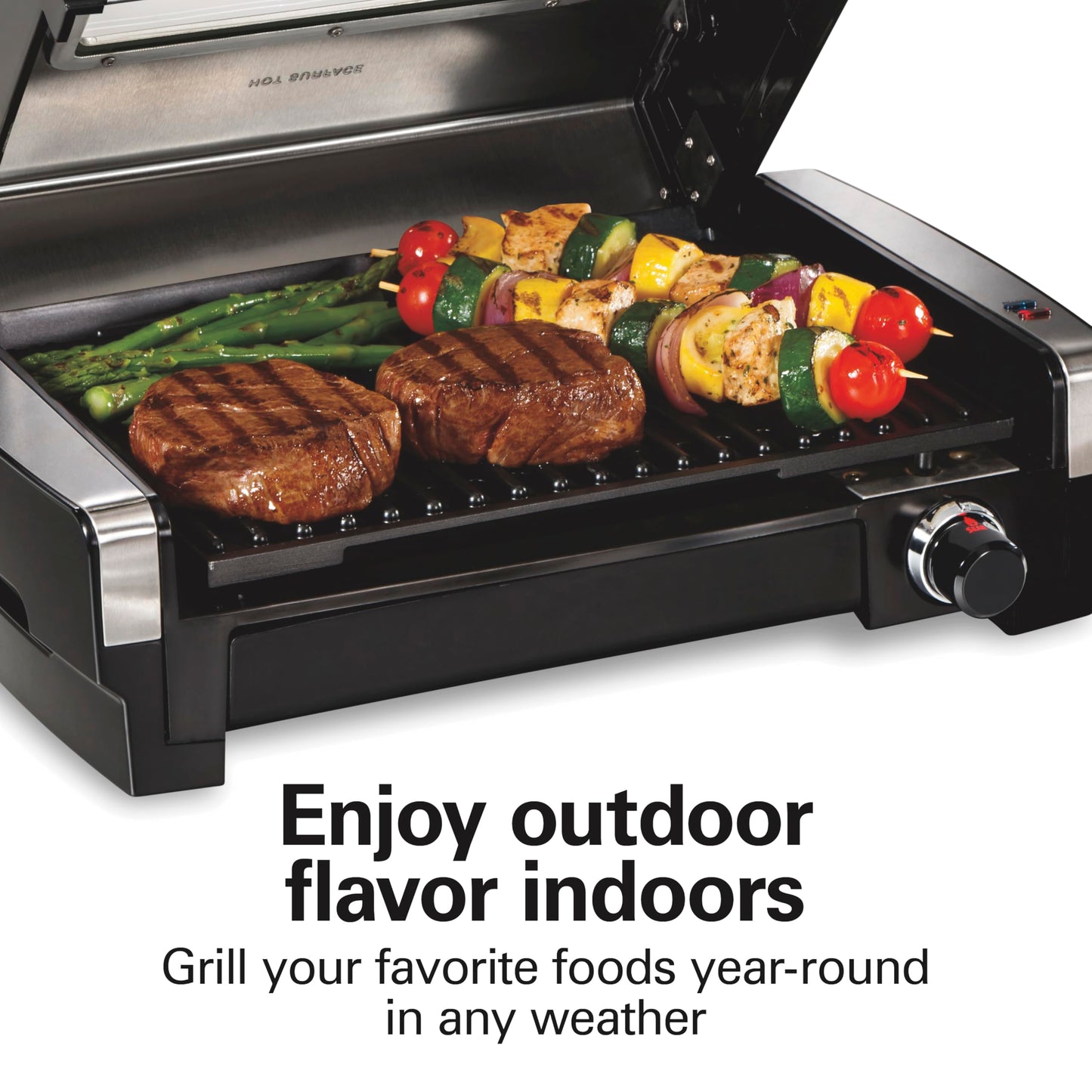 Hamilton Beach Electric Indoor Searing Grill with Viewing Window & Adjustable Temperature Control to 450F, 118 sq. in. Surface Serves 6, PFAS-Free Removable Nonstick Grate, Stainless Steel