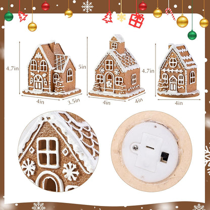 Skiennix Light-Up Gingerbread House Christmas Decorations | 3-Piece Collectible Figurines with LED Lights