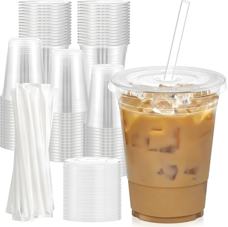 Pokanic Plastic Clear Cups [16 oz] with Lids and Straws [100 Set] Disposable Cold Beverage Drinking Iced Coffee Water Juice Tea Party Travel Cafe School Office Home Kitchen (100 Set, 16 oz)