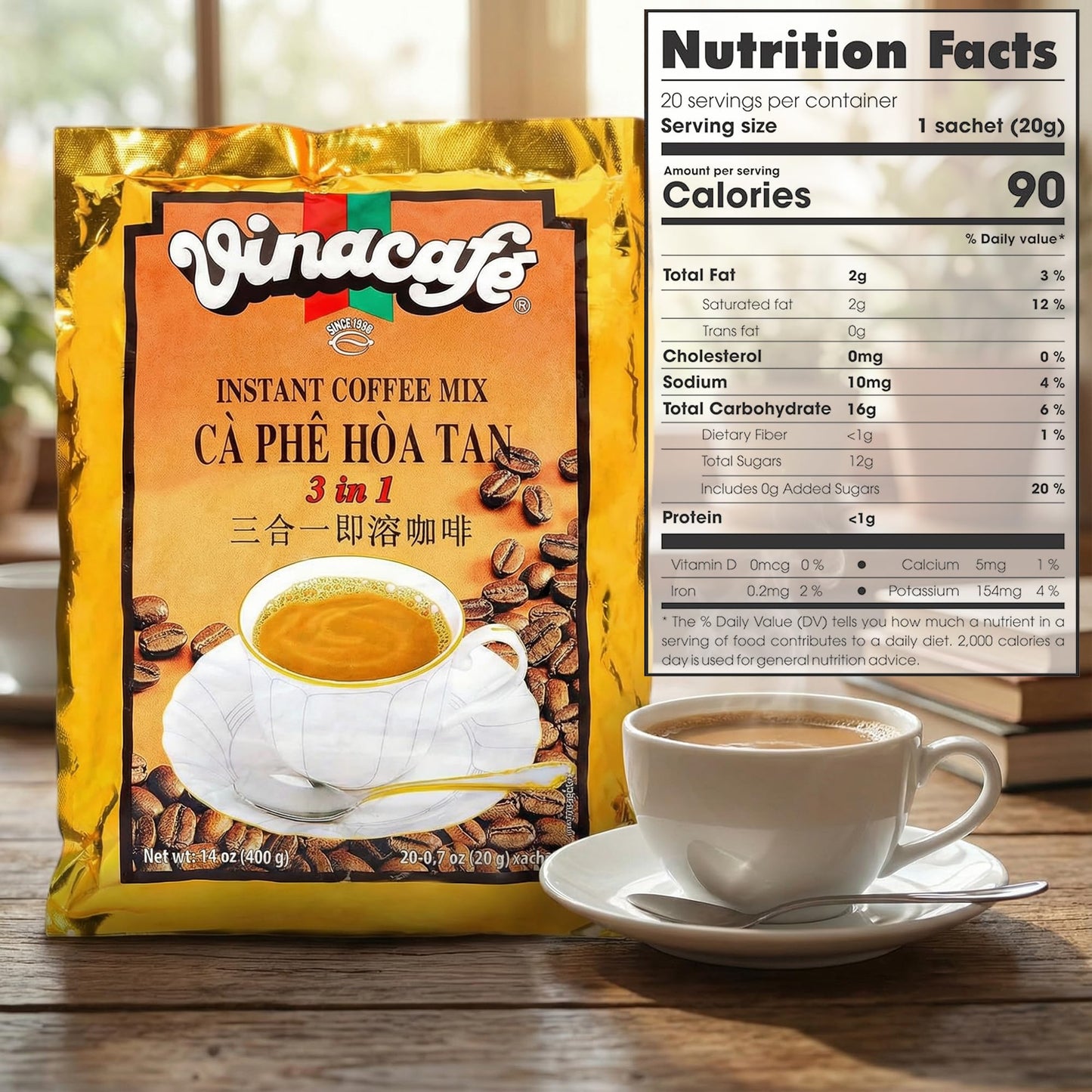 Vinacafe Instant Coffee Packets 3 in 1 Authentic Vietnamese Taste, Balanced Medium Roast Coffee Mix for Quick Preparation at Home, Office or Travel, Single Serve Sachets (Pack of 4 | 20 Sachets Per Bag)