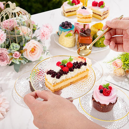 Rubtlamp 100 Pack Clear Gold Plastic Dessert Plates, 6Inch Clear Gold Small Appetizer Plates With Hammered, Heavy Duty Disposable Salad Plate, Elegant Cake Platos for Wedding, Birthday, Teatime