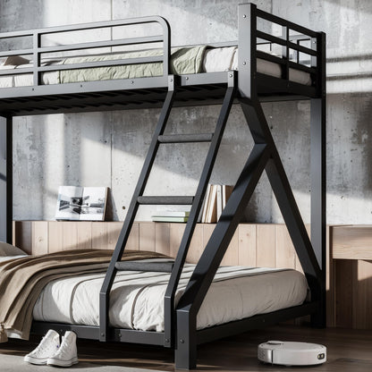 Bellemave Twin XL Over Queen Metal Bunk Bed,Low Profile Floor Bunk Bed Frame with Angled Ladder, Heavy Duty & Noise-Free Design for Kids, Teens & Adults, Black