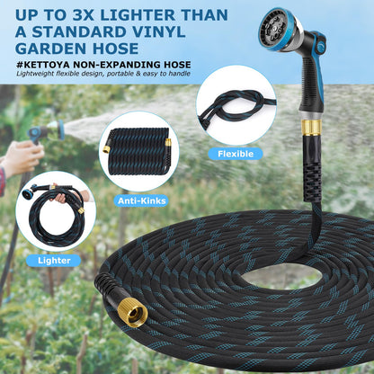 KETTOYA Non-Expanding Garden Hose 100 ft, Kink Free Flexible Water Hose with 10-Pattern Spray Nozzle, Lightweight Hose Pipe, Leak Proof, 3/4" Swivel Connectors, Super Fabric, Portable Storage Strap