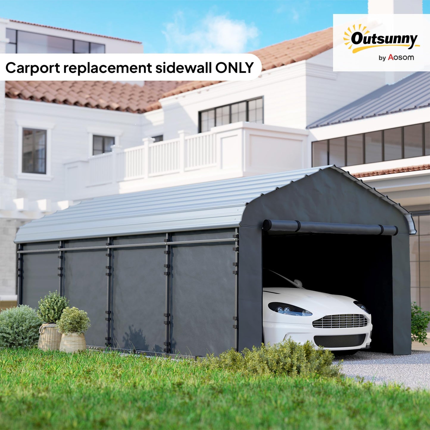 Outsunny Carport Replacement Sidewall Panels Set of 4 for 10' x 15' Carports, UPF50+ Waterproof PE Tarp Replacement Side Wall Cover with Zipper Door, Top Cover and Frame Not Included, Dark Gray