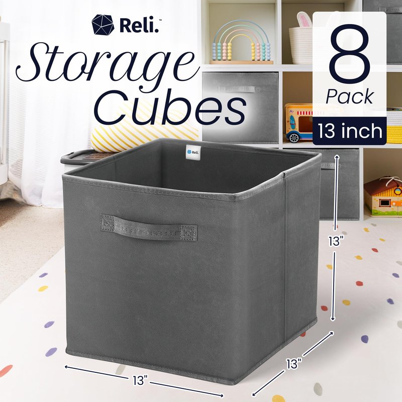 Reli. 13x13x13 Storage Cube Bins (8 Pack) | Large Cube Organizer Bins | 13x13 Fabric Storage Boxes | Fits Kallax | Collapsible, Foldable Fabric Cubby Box (Square) | Kids Room Organization (Dark Gray)