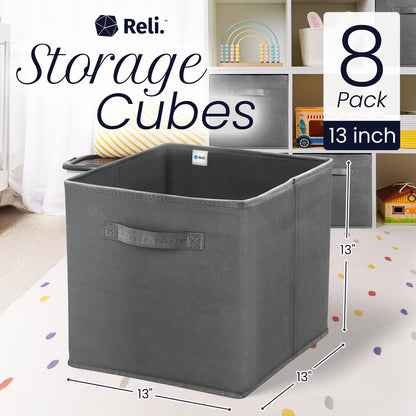 Reli. 13x13x13 Storage Cube Bins (8 Pack) | Large Cube Organizer Bins | 13x13 Fabric Storage Boxes | Fits Kallax | Collapsible, Foldable Fabric Cubby Box (Square) | Kids Room Organization (Dark Gray)