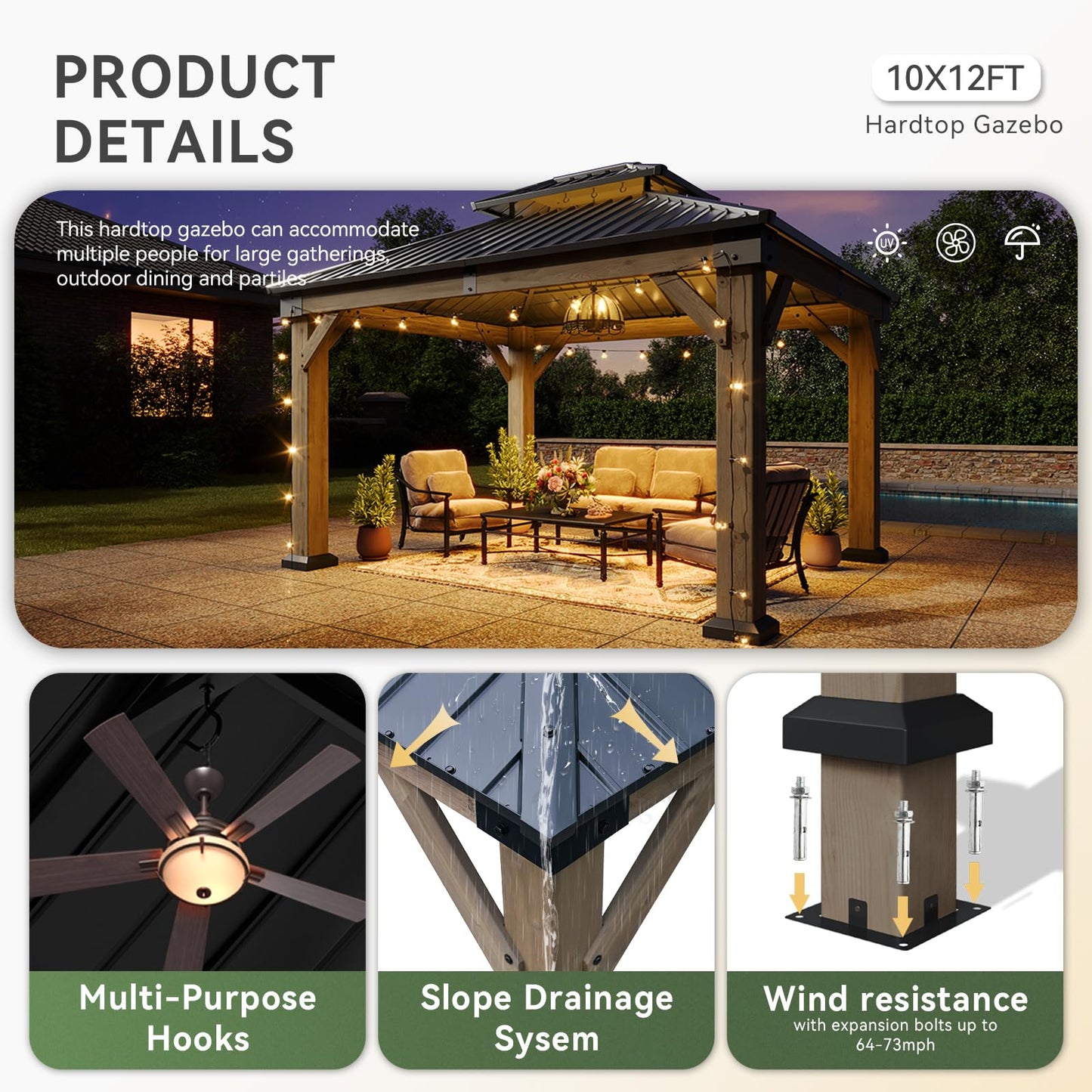 Aoxun 10' x 12' Outdoor Cedar Wood Hardtop Carport, Heavy Duty Gazebo with Double Galvanized Steel Roof, All-Weather Wind & Snow Resistant Permanent Pavilion for 2 Cars, Boat, Patio, Backyard