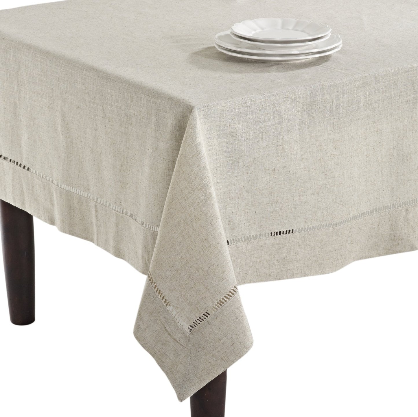 SARO LIFESTYLE Poly and Linen Blend Toscana Tablecloth with Hemstitch Border, Natural, 65"x120"