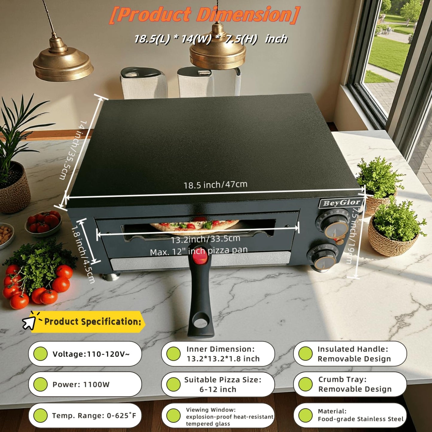 BeyGior Electric Pizza Oven Indoor,12 inch Countertop Pizza Maker with Viewing Window,Stainless Steel Commercial Pizza Oven, Removable Handle,Dual Baking Trays and Oven Mitts