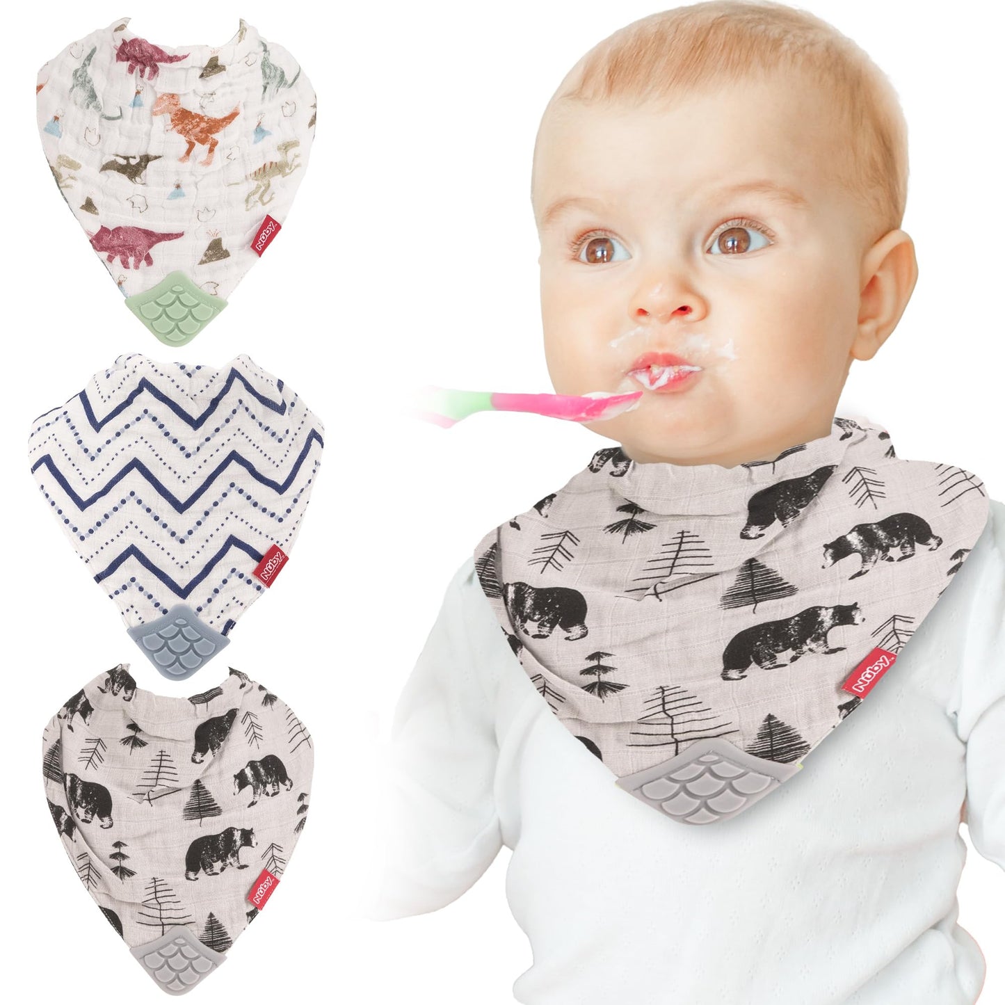 Nuby Baby Bibs - 3 Pc Muslin Bibs - Reversible 100% Natural Cotton Teething Accessory for Girls and Boys, Baby Essentials