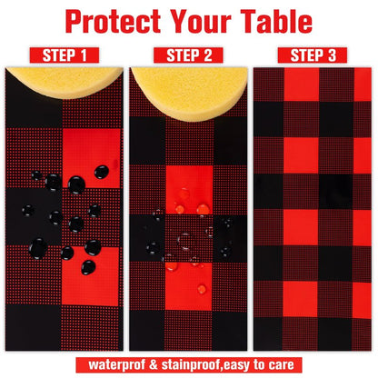Kesfey 8 Packs Red and Black Merry Christmas Checkered Tablecloth 54 x 108 Inches Plastic Buffalo Check Plaid Table Cover Disposable Red Gingham Winter Christmas Picnic Table Cloth for Dinner Camping