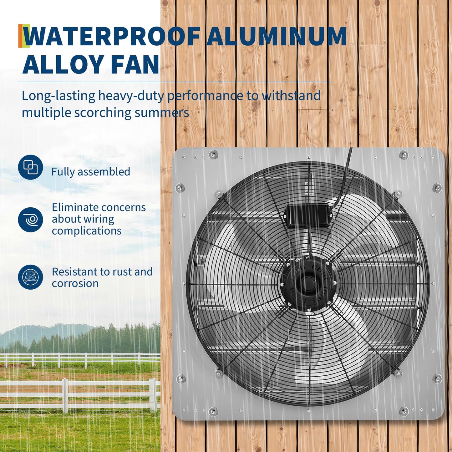 24" Wall Mounted Shutter Exhaust Fan with 5 ft Power Cord, 3500 CFM, 1500 RPM, Auto Shutters, Quiet & Powerful Ventilation for Garage, Attic, Greenhouse, Shed