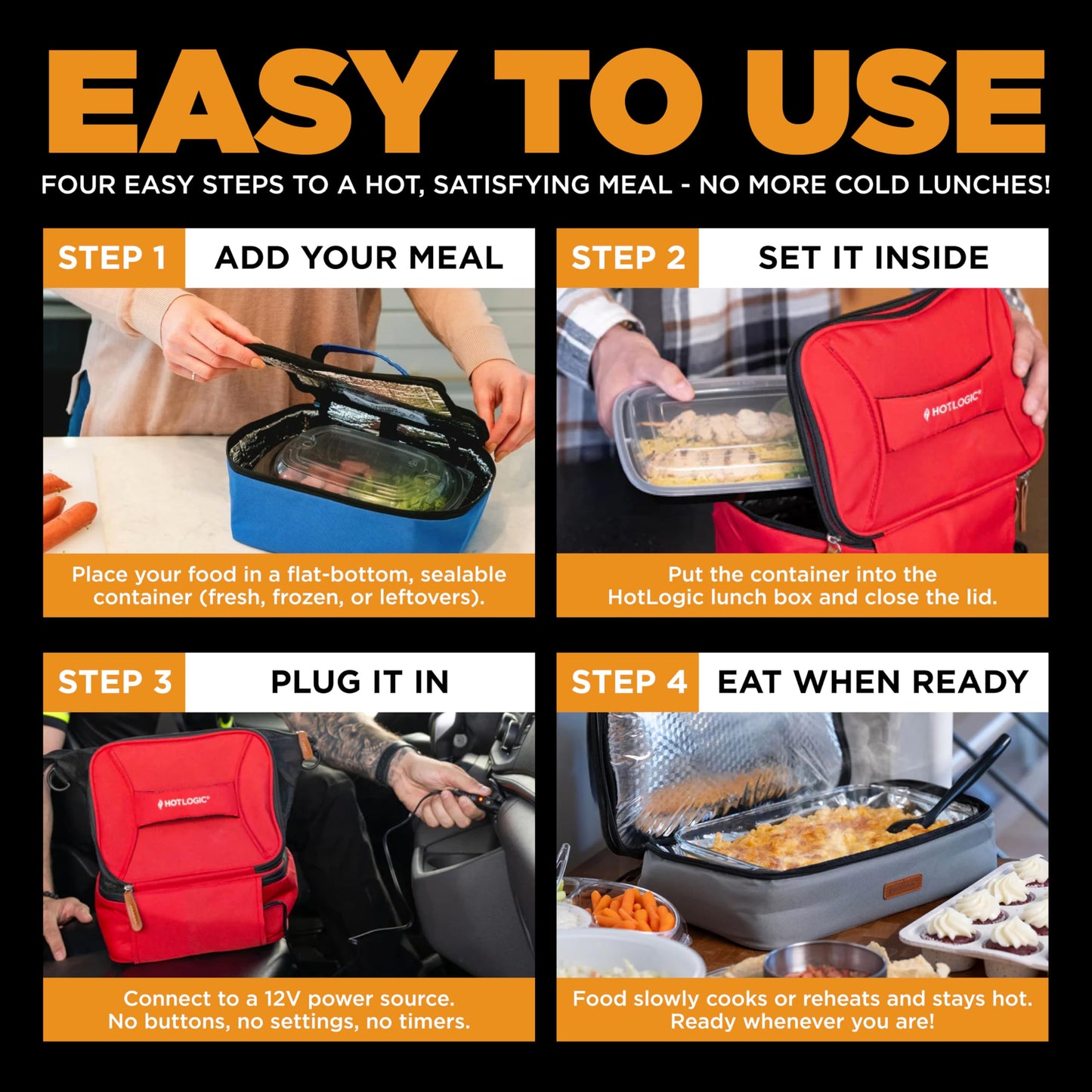HOTLOGIC Max Large Portable Electric Food Heater W/Glass - Innovative Food Warmer and Heated Lunch Box for Adults Car/Home - Easily Cook, Reheat, and Keep Your Food Warm - Black - 120V