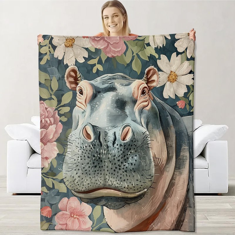 Hippo Blanket for Kids Boys Girls, Flannel Hippo Blankets Gifts, Floral Flower Hippo Throw Blanket for Sofa Couch Bed Living Room Soft Warm Cozy Hippo Decor 60" x 50"