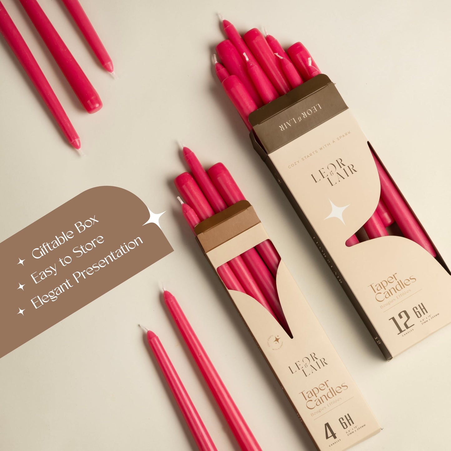Leor & Lair Pink Taper Candles - 4 Pack 10" Hot Pink Candles - Unscented Long Burning Candlesticks for Birthday Parties, Summer Dining, Weddings & Home Decoration