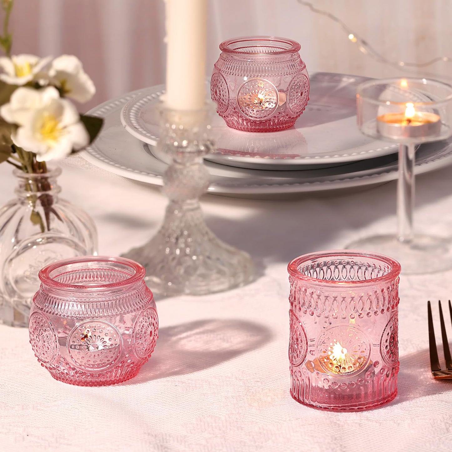 DARJEN 24Pcs Pink Votive Candle Holders- Glass Candle Holders Bulk for Flameless LED Tea Waxes, Romantic Candle Holder for Wedding Decor, Various Parties & Dinner Table