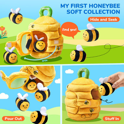 JoyCat Mystery Soft Box+Soft Baby Beehive with 5 Soft Sensory Bees - Honeybee Plush Toy for 0-12 Months - Rattle, Crinkle Paper, Squeaker, Mirror, Busy Toy for Babies 6-12 Months, 0-3 Years Old