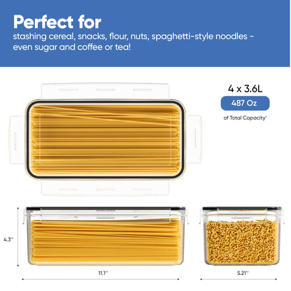Chef's Path Airtight Food Storage Containers with Lids (Set of 4/3.6 Liters Each), Plastic Spaghetti Container for Pasta & Dry Food Storage, BPA Free Pantry Organizer Set with Kitchen Accessories