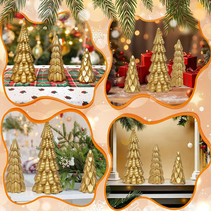 Warmtree Gold Christmas Tree Figurines Set - 3 Small Resin Tabletop Decorations for Festive Home Decor