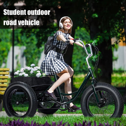 Rodiuiu Adult Tricycle, Fat Tire 7 Speed Cruiser Trike, 20 Inch 3 Wheel Bikes with Large Basket for Seniors, Women, Men, Adult Trikes for Shopping Picnic Outdoor Sports