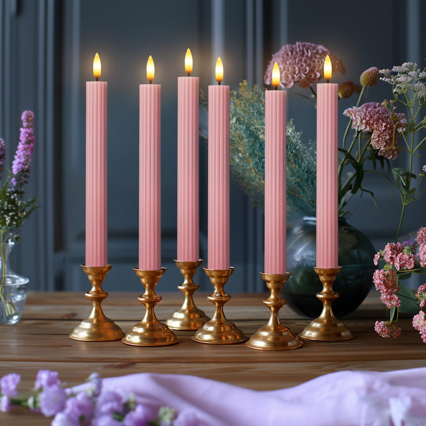 West Ivory 12 Pack, 10" LED Flameless Dusty Rose Fluted Ribbed Grooved Taper Candles, Remote & 24h Timer Memory, On/Off Button, Dimmable, Flicker Mode, Battery Operated, Christmas Menorah Wedding