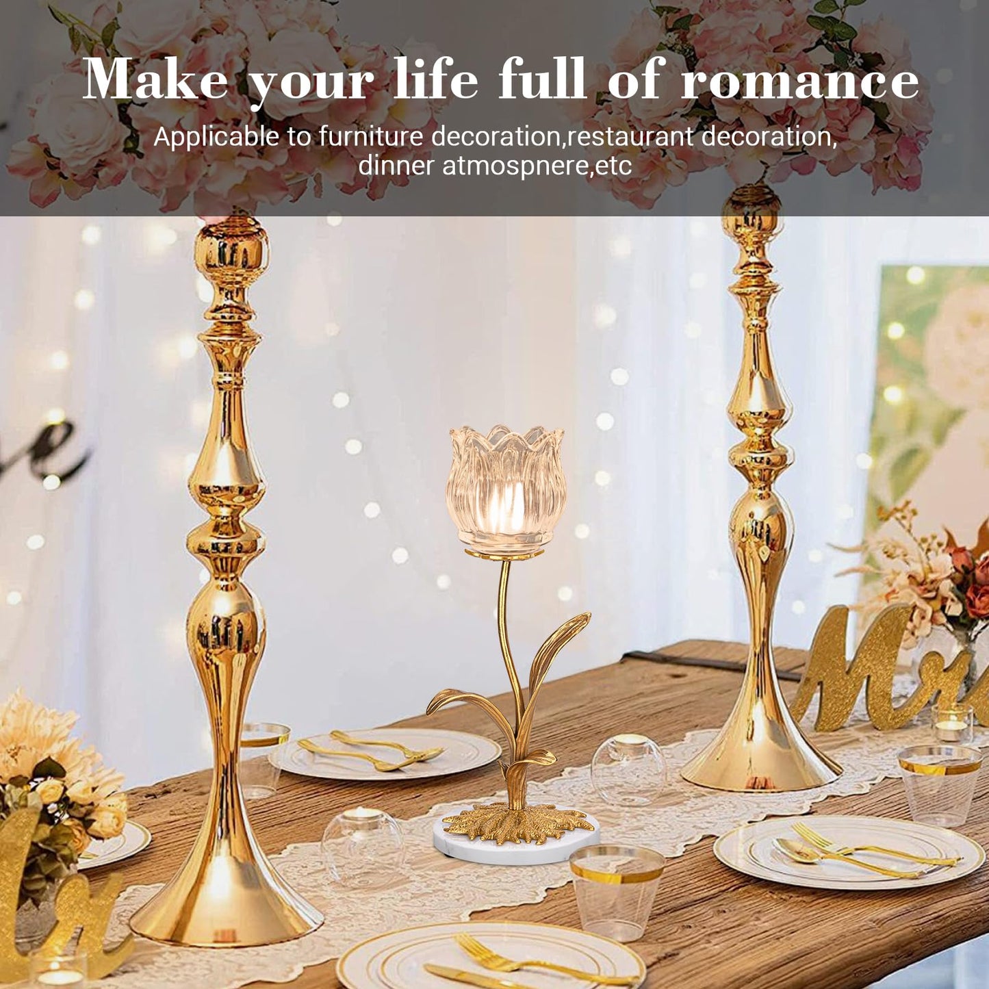 Anpdasi Candle Holder, Cut Rose Shaped Brass Candle Holder High-end Light Luxury Creative Art Crystal Glass Flower Candle Sticks Holder Decor Marble Disc Base Romantic Ambiance Table Decoration