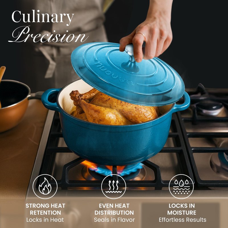 Cast Iron Dutch Oven with Lid – Non-Stick Ovenproof Enamelled Casserole Pot – Sturdy Dutch Oven Cookware – Blue, 2.1-Quart, 20cm – by Nuovva