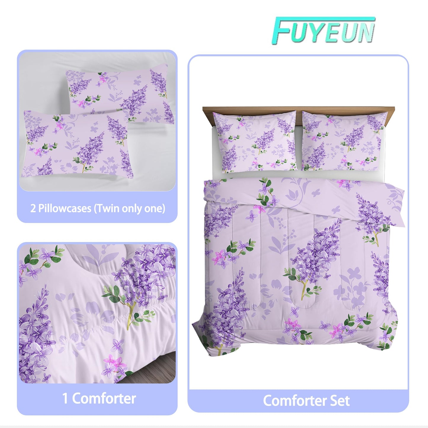FUYEUN Floral Bedding Set King: Purple Lilac Flower Comforter for Girls Women Kids Teens Bedroom Bed Bedspread Quilt,1 Comforter + 2 Pillow Cases