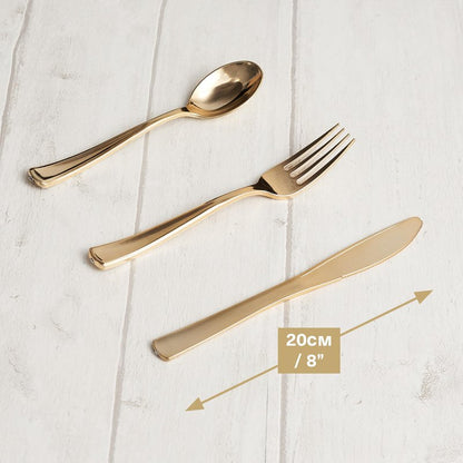 MATANA - 180 Gold Plastic Silverware Set (60 Knives 60 Forks 60 Spoons) Bulk Reusable Gold Plastic Cutlery Utensils for Party, Wedding, Dinner, Heavy Duty