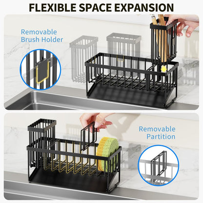 Cisily Sink Caddy Sponge Holder for Kitchen with Brush Holder and Stainless Steel Self Drain Tray, Rustproof Kitchen Sink Organizer for Sponge, Soap Dispenser Storage Accessories