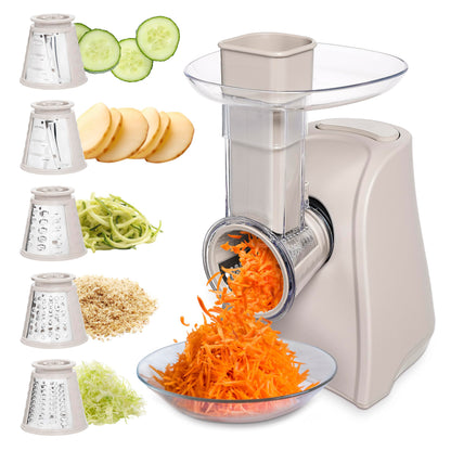 COOK WITH COLOR 5-in-1 Electric Slicer, 150W Food Prep Machine – Cheese Shredder, Fine & Coarse Graters, Potato Grater, Vegetable Slicer, Fruit, Salad Shooter, Compact Design For Bowl Prep, Blush