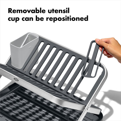 OXO Good Grips Aluminum Fold Flat Dish Drying Rack, 2-Tier, with Drainboard, for Kitchen Counter, Collapsible