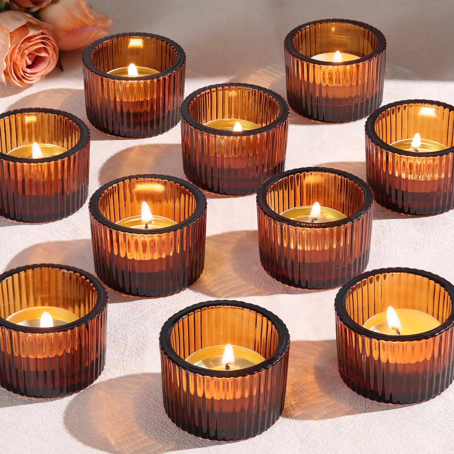 Lanttu Tealight Candle Holder Set of 12, Amber Small Votive Candle Holders for Table Centerpiece,Glass Tea Light Candles Holder for Party&Home,Wedding Decor