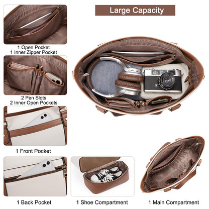 CLUCI Travel Leather Duffel Bag Weekender Bag for Women Carry on Overnight Bag Beige with Brown