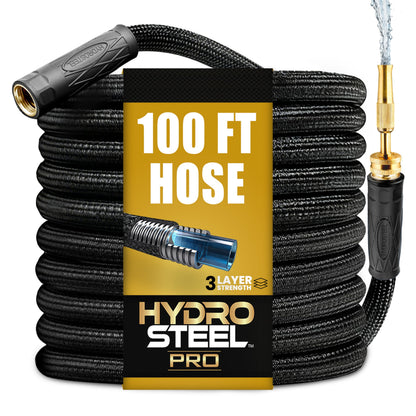 Hydrosteel PRO 100 Ft Metal Garden Hose with Nozzle, Water Hose Made from Heavy Duty 304 Stainless Steel, Flexible, Lightweight, Brass Crush Resistant Fittings, Kink Free, 5/8” Diameter, 600 PSI