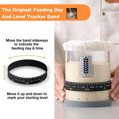 Premium Pro Sourdough Starter Jar Kit - 40oz Large Wide Mouth Sourdough Bread Jar with Marked Feeding Band, Thermometer, Scraper, Cloth Cover and Silicone Lid/Base, Glass Container, Baking Supplies