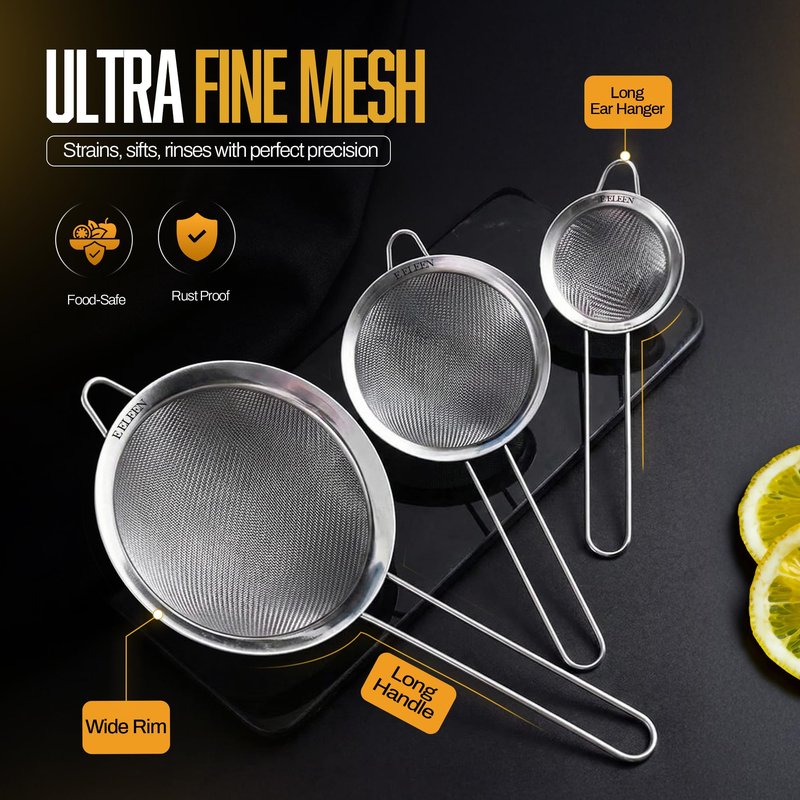 ELEEN Premium Stainless Steel Fine Mesh Strainers for Kitchen 3-Piece Set with Non-Slip Handle, Small, Medium & Large Sieves, Colanders and Sifter for Sifting, Straining, Pastas Tea, Rice Vegetables