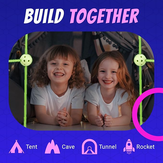 Playbees Glow in The Dark Fort Building Kit – 130 PCS STEM Toy for Kids Ages 4–12 – Build Tents Castles &amp Rockets – Creative Building Set &amp Great Gift
