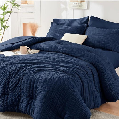 HYMOKEGE Navy Blue California King Comforter Set - 7-Piece Luxury All-Season Bedding Set
