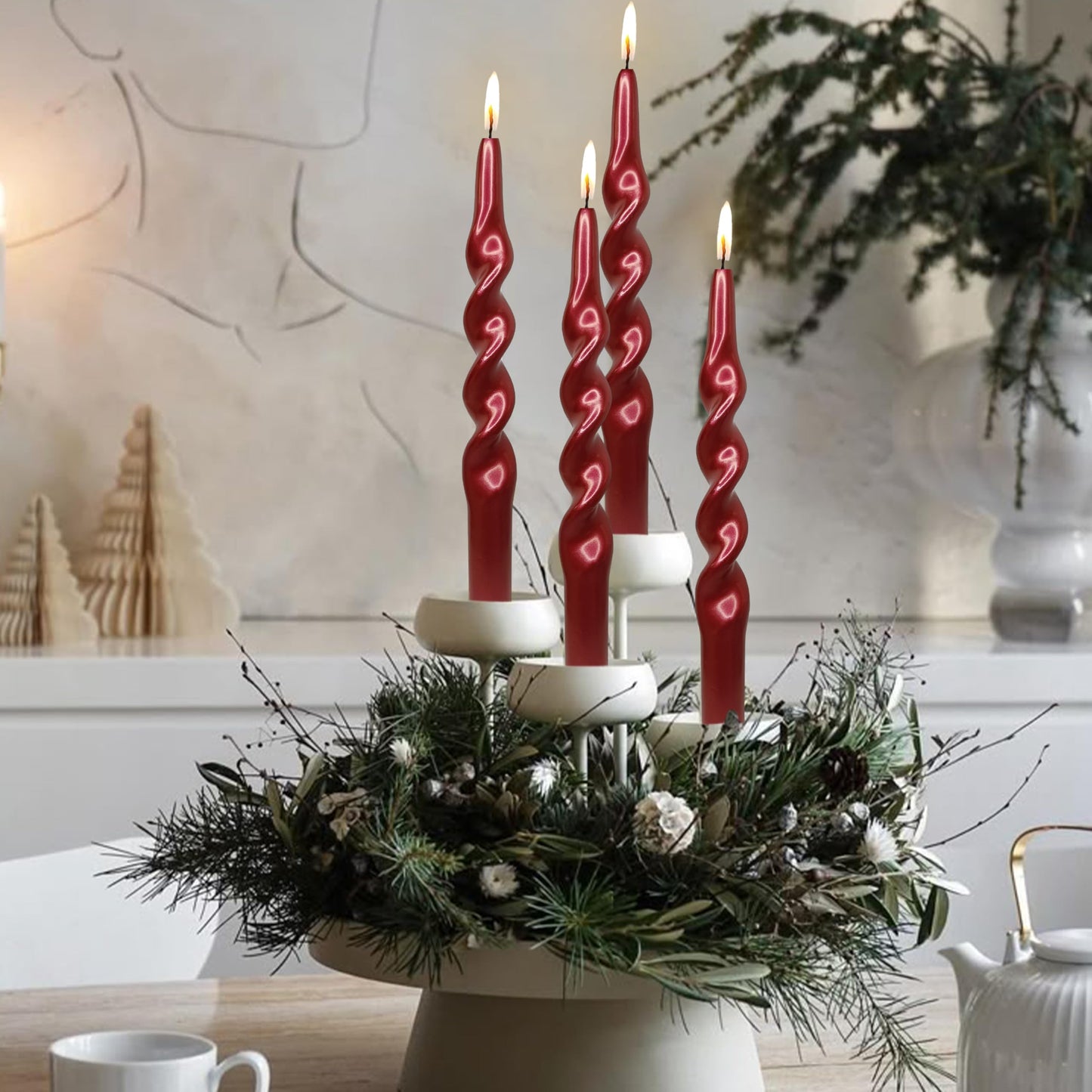 Christmas Spiral Candles Metallic Red Taper Candles -10 in Unscented Candlestick for Winter Gift Holiday Christmas Home Decoration Candles, 4 Pack