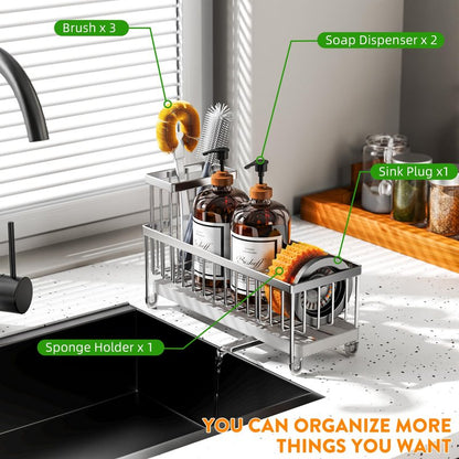 Cisily Sponge Holder for Kitchen Sink, Sink Caddy Organizer with High Brush Holder, Kitchen Countertop Organizers and Storage Essentials, Rustproof 304 Stainless Steel (Silver, 10.62″)