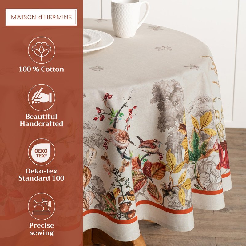 Maison d' Hermine Table Cloth Round Table 100% Cotton 63 Inches Fall Tablecloth Reusable Everyday Use for Thanksgiving Christmas Decorations Dining Farmhouse Party (Recolte)