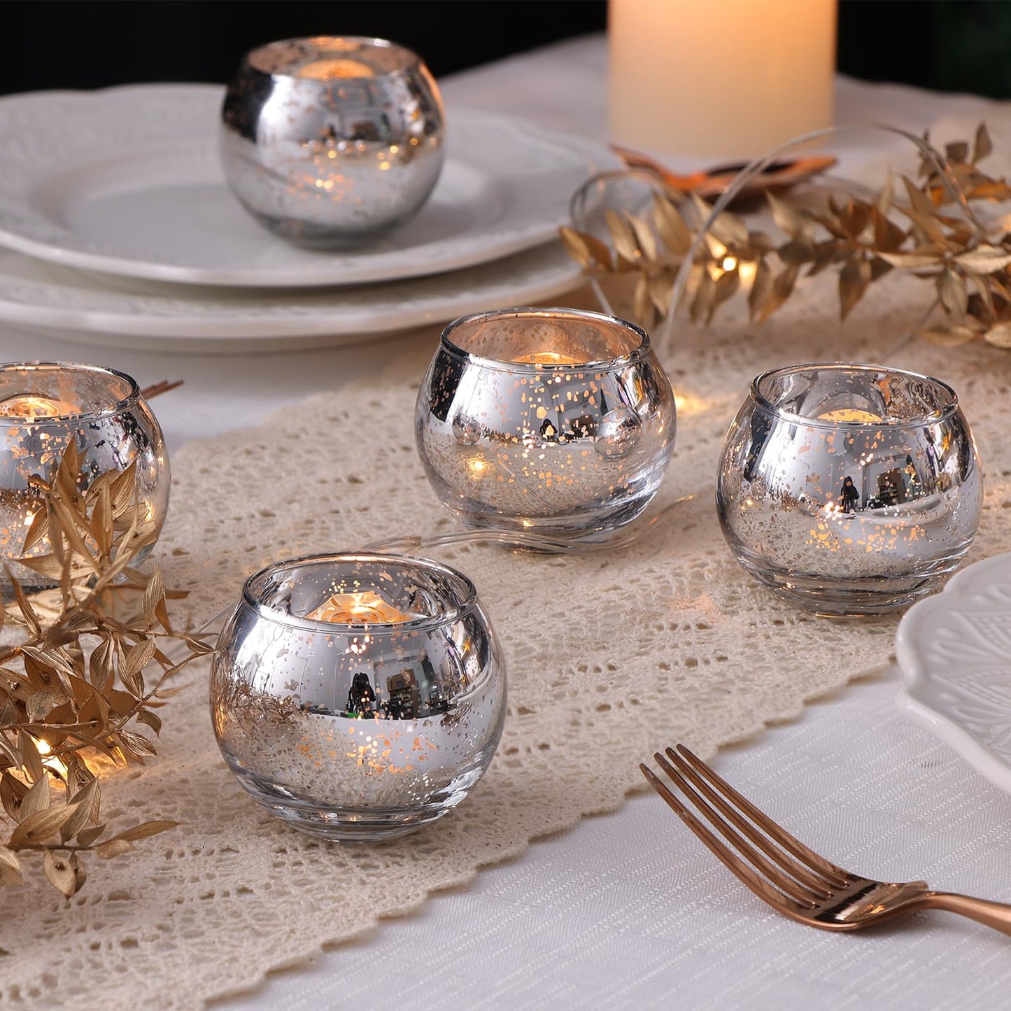 LETINE 36pcs Silver Votive Candle Holders - Elegant Mercury Glass Tea Light Candle Holder Set for Spring Summer Weddings, Holiday Season Decorations, Valentine's Day Table Centerpieces