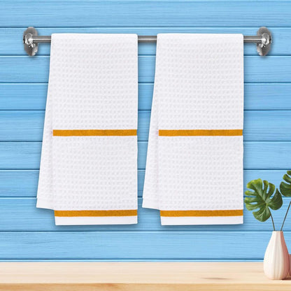 VOOVA & MOVAS White Dish Towels, Waffle Weave Kitchen Hand Towels 6PC - 100% Cotton | Soft | Absorb | Daily Use, Dish Towels for Kitchen，White Check with Yellow Stripe