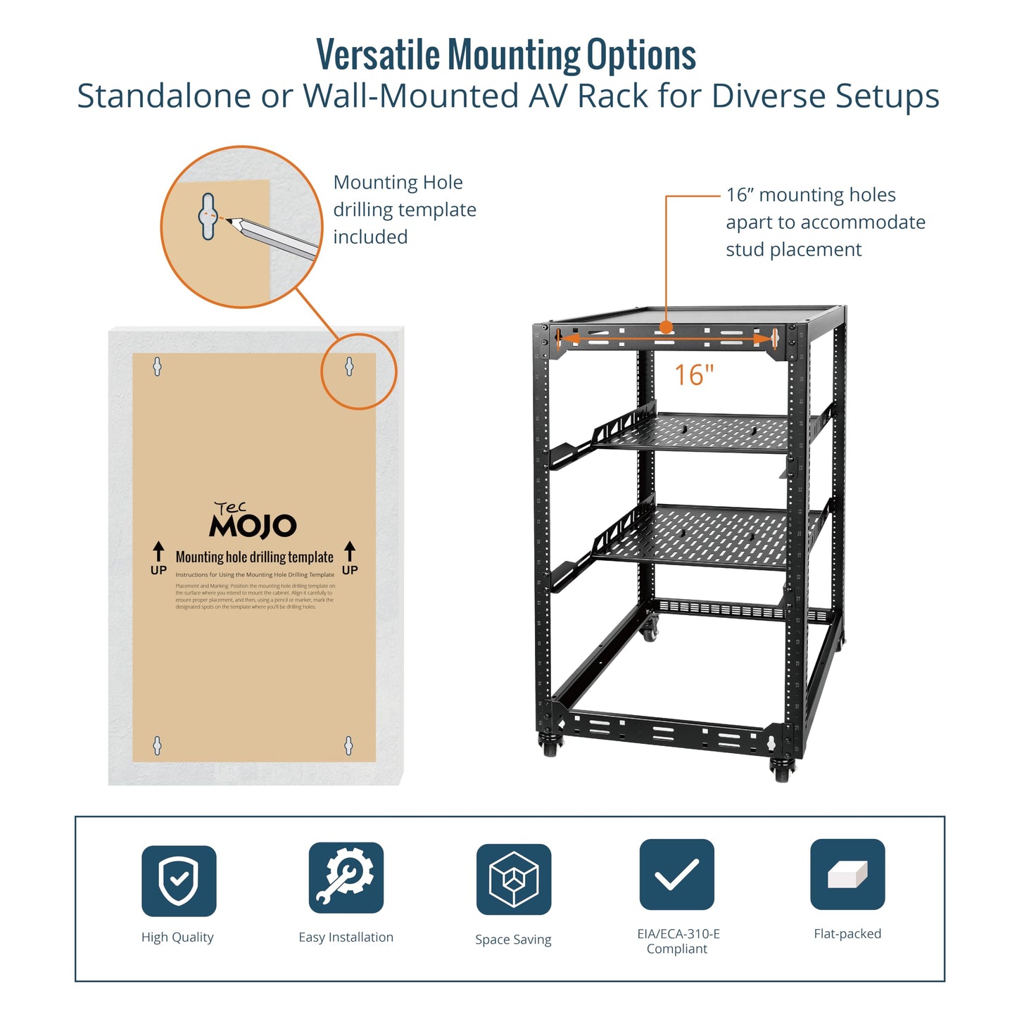 TECMOJO 20U Open Frame Network Rack for IT & AV Gear, 4-Post With Casters, Mobile With 2 PCS 1U Server Shelf & Mounting Hardware, for 19" Network, Audio and Video Device