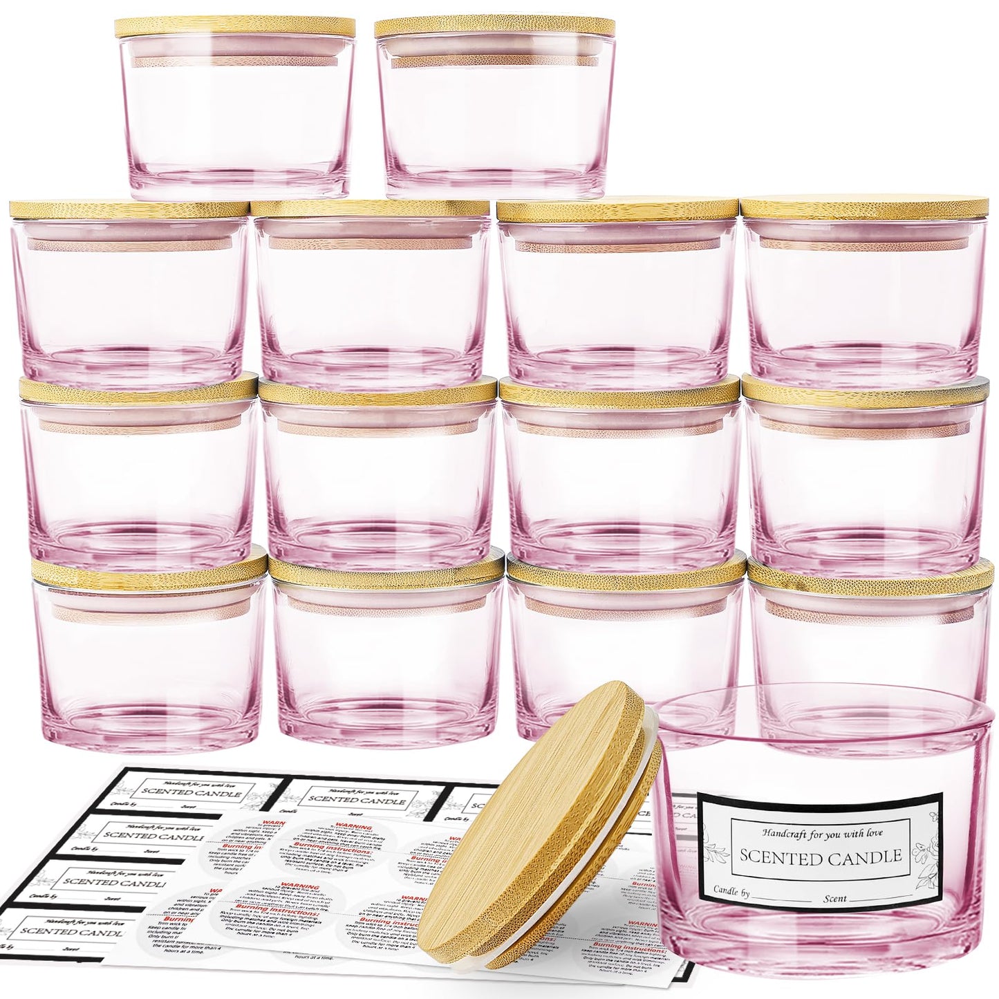 CONNOO 15 Pack 4 OZ Pink Glass Candle Jars with Airtight Bamboo Lids for Making Candles, Bulk Small Wide Mouth Empty Candle Containers with Sticky Warning Labels - Dishwasher Safe