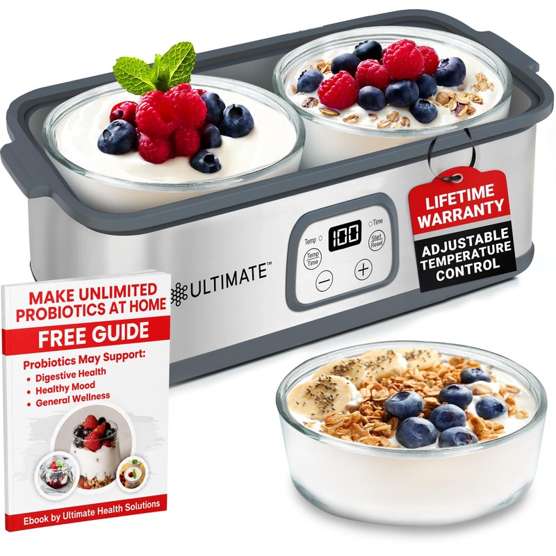 Ultimate Probiotic Yogurt Maker with Adjustable Time & Temperature Control, Make Trillions of Probiotics for Better Gut Health, Two 1-Quart Containers for Larger Batches, ULTIMATE LIFETIME WARRANTY